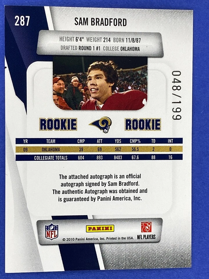 2010 Prestige Draft Picks Sam Bradford RC Autograph /199 Los Angeles Rams - Image 2 of 2