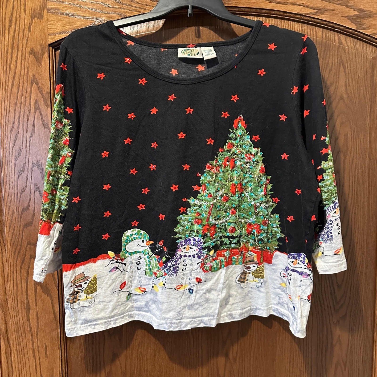 Collections Etc Womens Christmas Tree Snowman Top 3/4 Sleeve XL Holiday