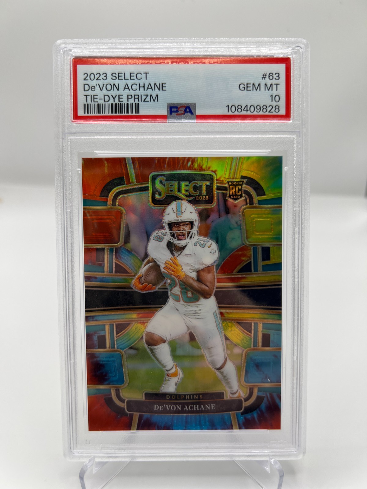 2023 PANINI SELECT DEVON ACHANE RC 15/25 TIE-DYE PRIZM CONCOURSE NO. 63 PSA 10