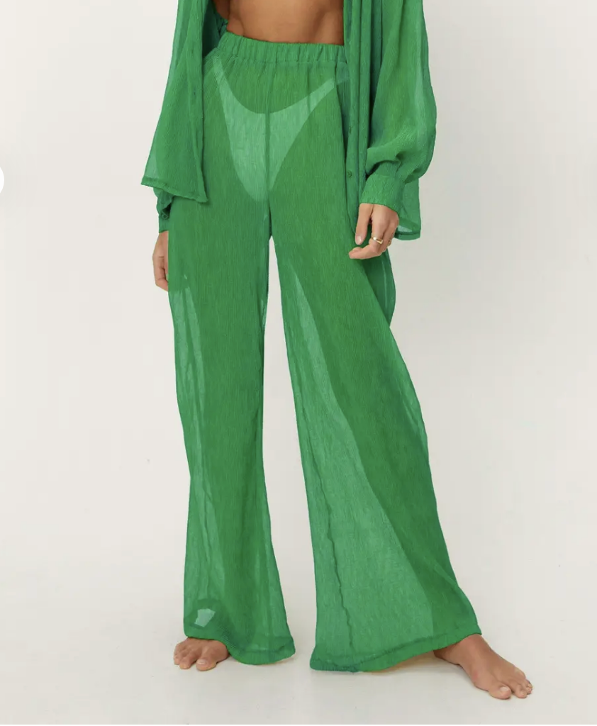 NWT NASTY GAL BRIGHT GREEN PLISSE HIGH WAISTED WIDE LEG PANTS SIZE 2