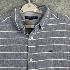 Tommy Hilfiger Shirt Men Medium Gray Stripe Linen Cotton Blend SS Casual Summer