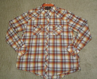 Rock & Roll Cowboy Shirt Mens XL Orange Plaid Western Pearl Snap Long Sleeve