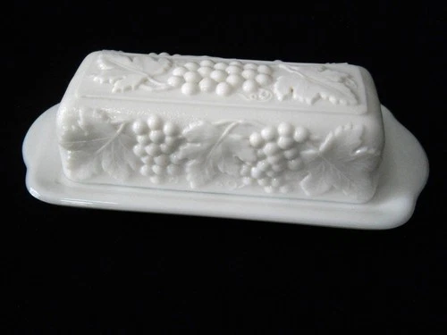 Vintage Imperial Milk Glass Covered Butter Dish / Grape Pattern