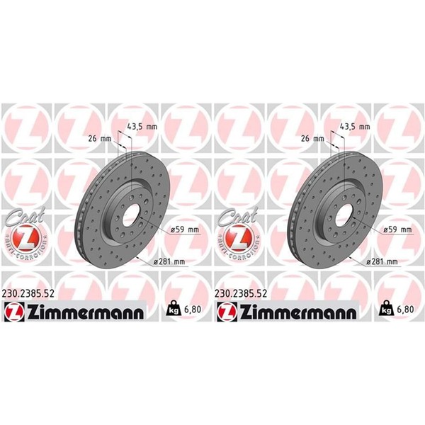 2X Zimmermann Sport Bremsscheiben 281Mm Gelocht Vorne Passend FüR Fiat Tipo-image