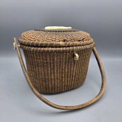 Antique Nantucket Lightship Basket Purse with Sperm Whale Inlay