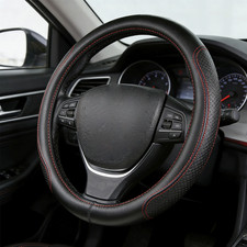 For VW Lupo 1998-2005 Cowhide Leather Round Steering Wheel Cover Black & Red 15"
