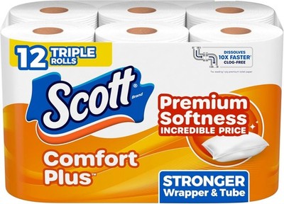 Scott Comfortplus Toilet Paper, 12 Triple Rolls, 231 Sheets per Roll, Septic-Saf