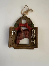 Red Shed Barn Door Christmas Horse In Stall Ornament With Red Bow