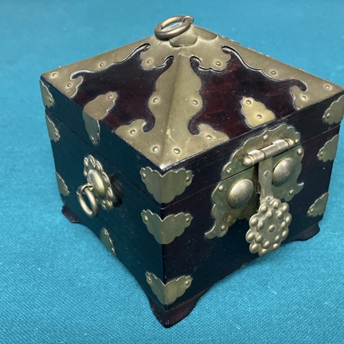 Korean Wooden Jewelry Box with Brass Fittings and Script Interior