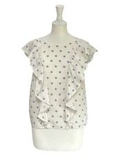 Women’s Sezane Forta Blouse Top Linen Polka Dot Ruffle Sleeveless Ecru S U.K. 8