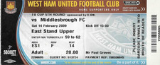 West Ham United v Middlesbrough Ticket Stub 14th February 2009 FA Cup 5th Round