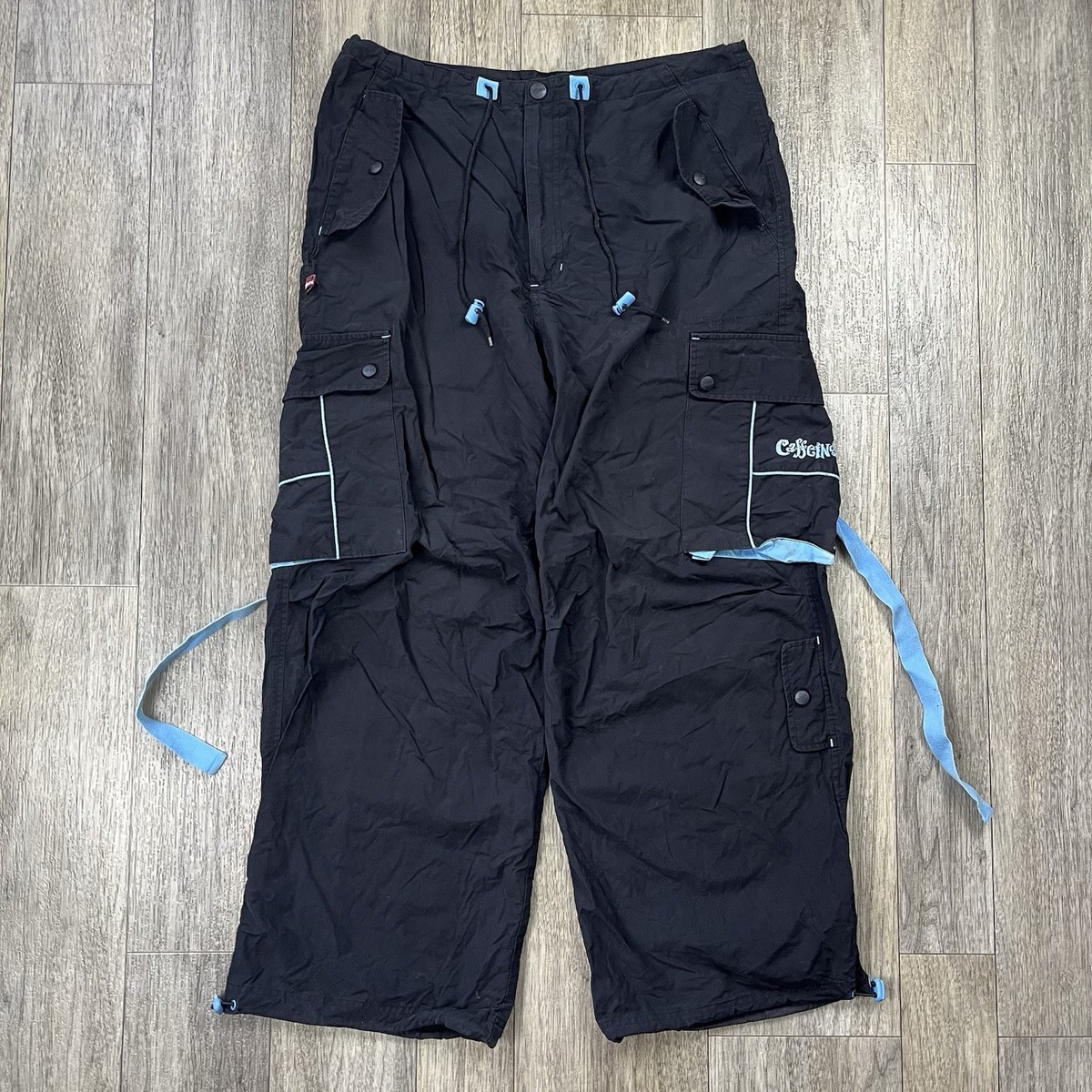 Vintage CAFFEINE Pants Size Medium Black Parachute Rave Wide Leg 