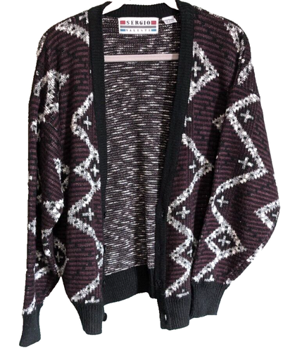 Vintage Sergio Valente Sweater Medium 38-40 Purple Black White V Neck Geometric - Picture 3 of 4