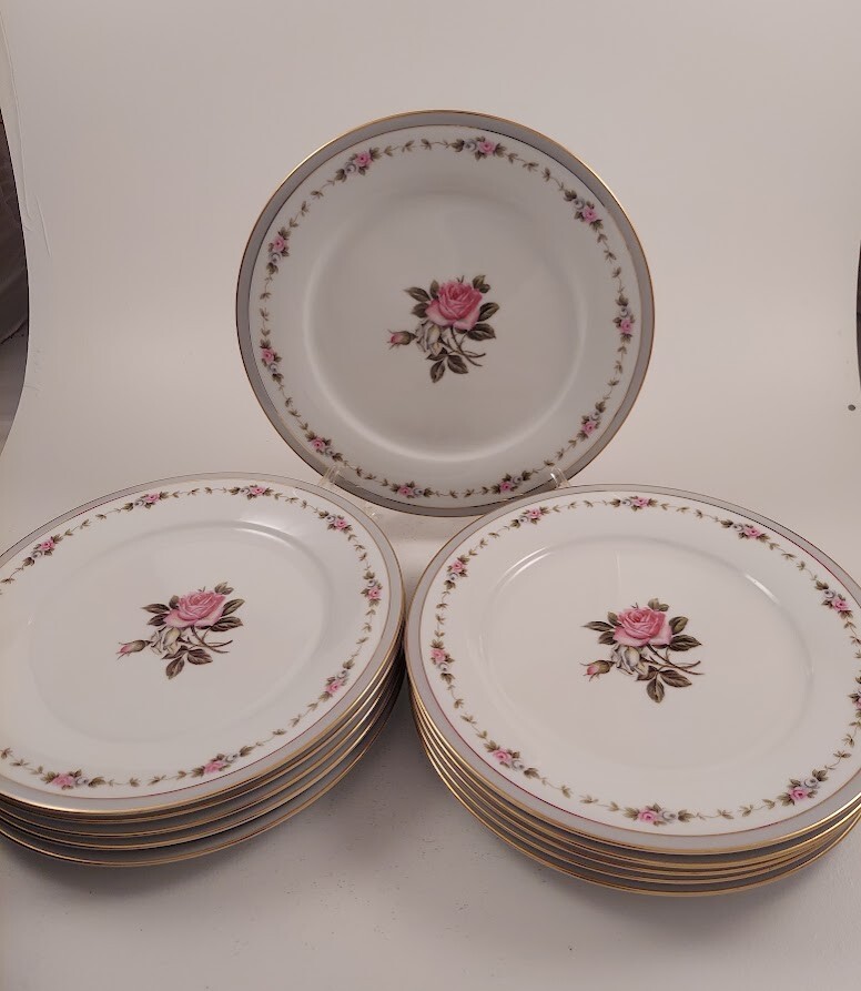 Set of 11 Vintage Noritake Reverie 5431 Dinner Plates Pink Gray Roses  Japan