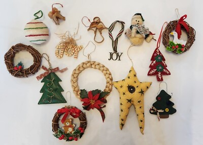 Country Primitive Christmas Ornaments Decor Lot Mixed Materials - Some 1980's