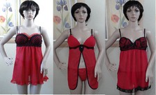 LINEA DONATELLA red w black lace sleepwear babydoll gown w G-string set,S,M,L