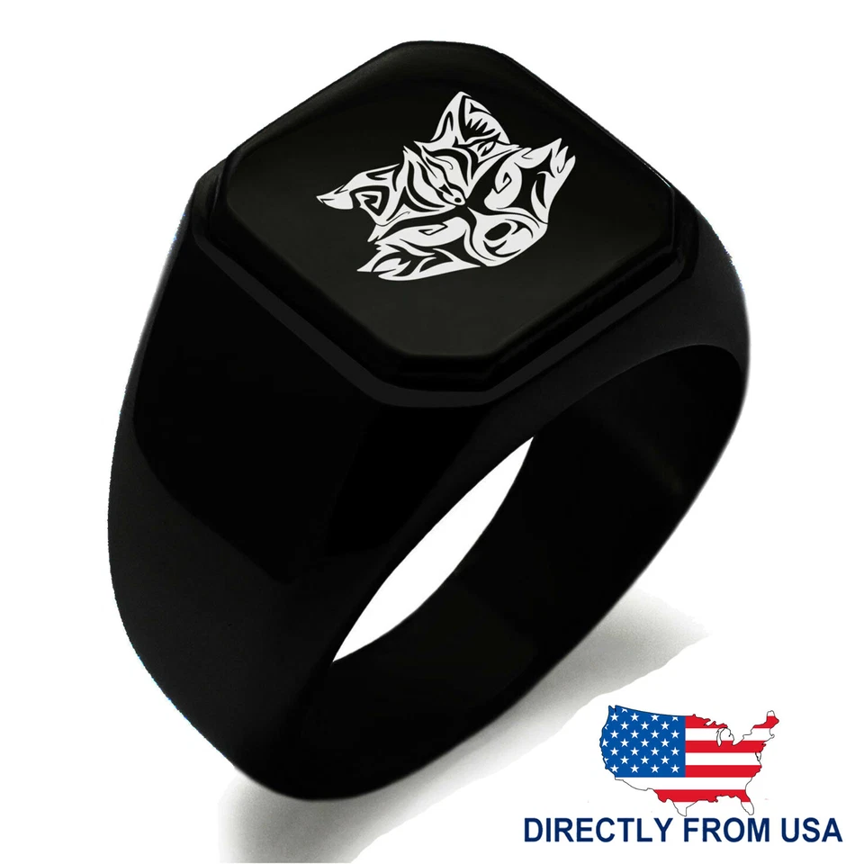 Anillo de sello cuadrado estilo motociclista de acero inoxidable con diseño de animal mapache tribal para hombre Foto 2 de 4