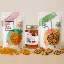 Healthy Snack Gift Set – Golden Raisins, Wild Walnuts & Raw Wildflower Honey | 3