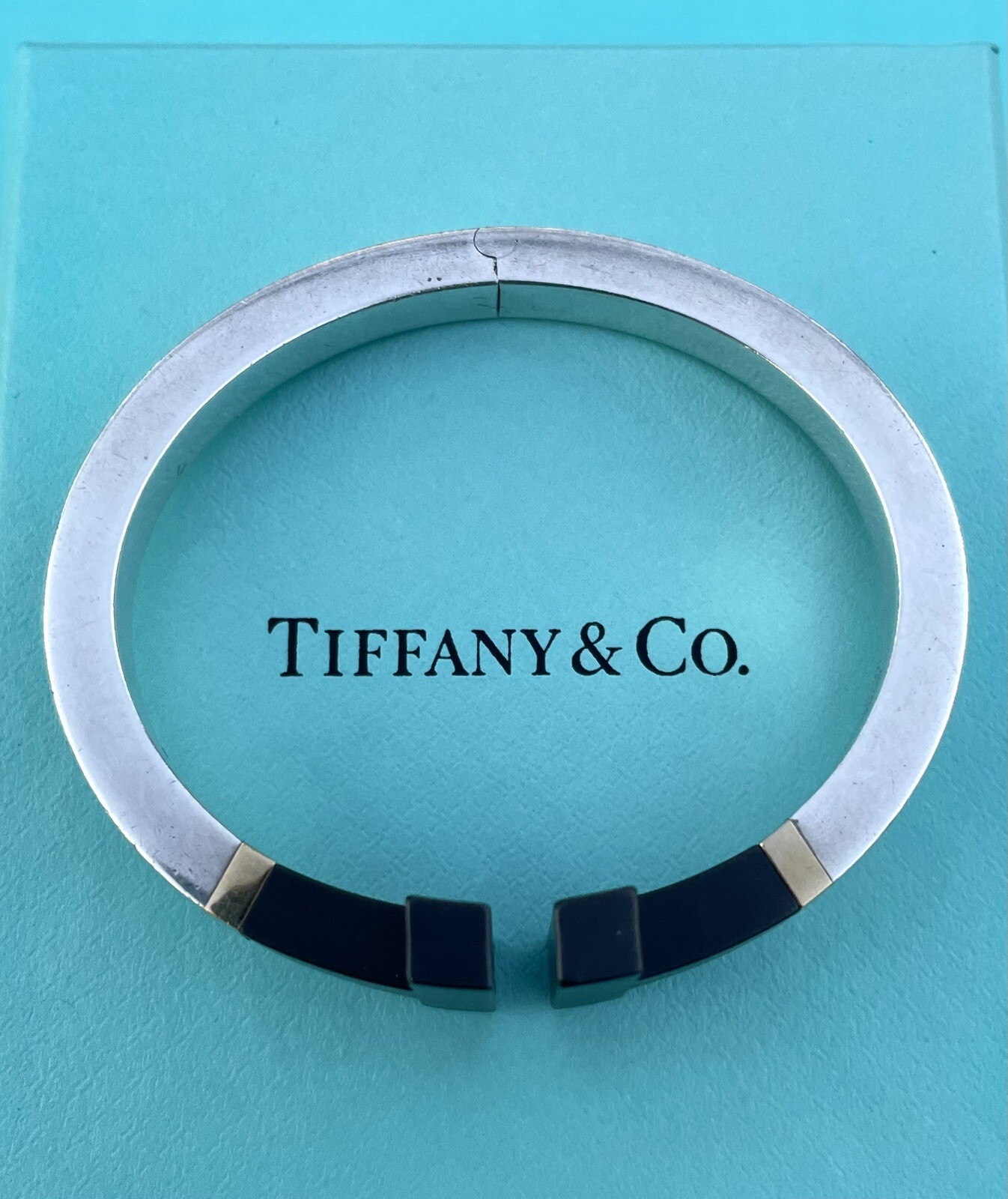 RARE LIMITED Tiffany & Co. Silver Gold Ceramic T Square Bangle Cuff