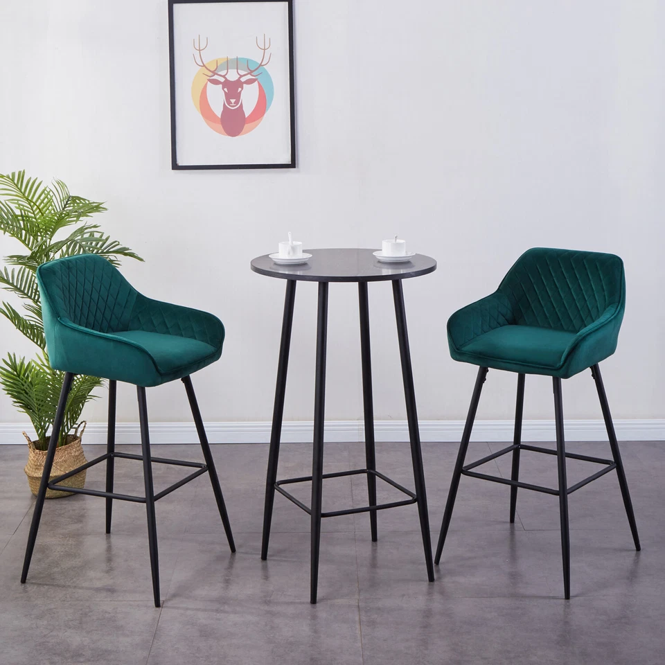 2er Set Samt Barhocker Gepolstert Barstühle mit Fußlehne Armlehne Metallbeine - Bild 2 von 4