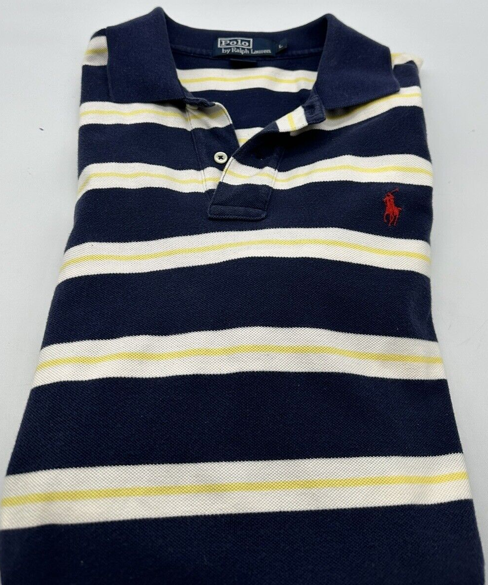 POLO Ralph Lauren Mens Preppy Blue White Yellow Striped Polo Shirt