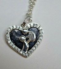 JC Sterling Silver Cubic Zirconia Mother and Child Heart Pendant Necklace 18"