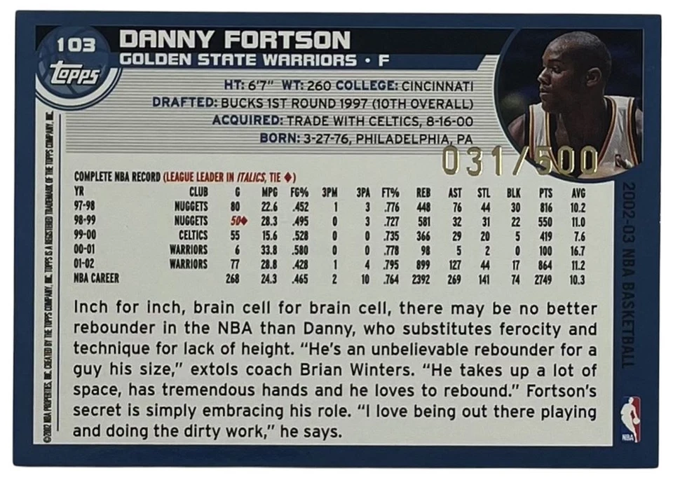 2002 Topps Black Border #103 Danny Fortson Golden State Warriors /500 Foto 2 de 2