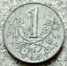 BOHEMIA & MORAVIA WWII GERMAN PROTECTORATE 1943 KORUNA, ZINC BETTER GRADE