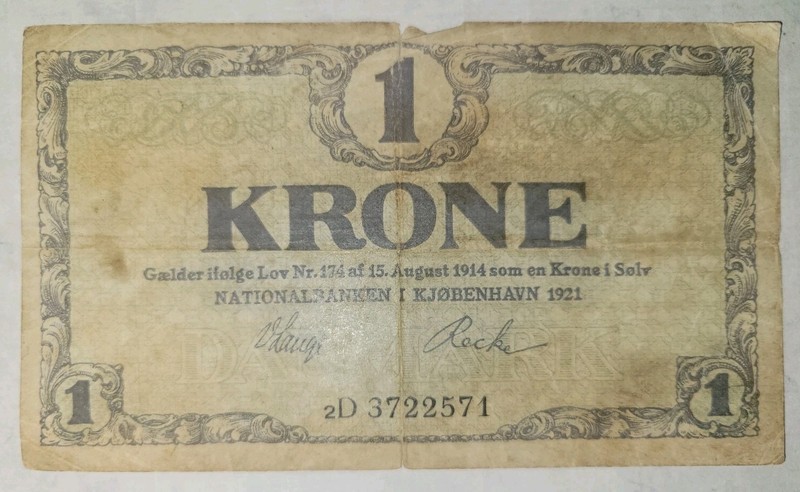 1921 Demark Danmark 1 Krone Circulated Banknote P-12 Series