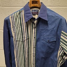 Vintage Wrangler Brushpopper Western Shirt Blue Denim Khaki Striped 24x37 16.5
