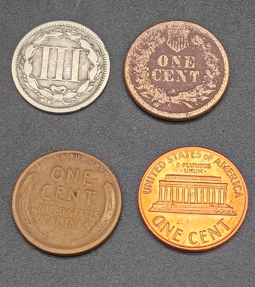 Lote de 4 moedas - 1868 três centavos - 1860 cabeça de índio - 1928S trigo - 1972S Bu - Imagem 2 de 4