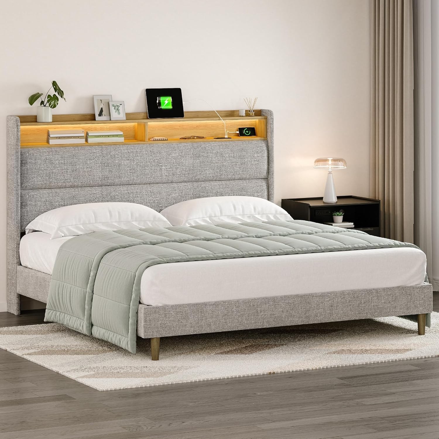With Storage Headboard & Charging Station (type-c) & Led Lights