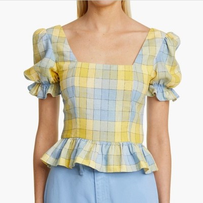 STAUD Dock Top in Coastal Blue Check Size 0 NWOT Plaid Peplum Top Linen Blend