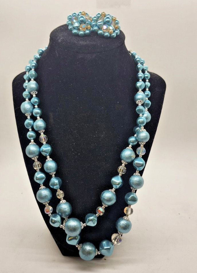 Vintage Mid Century Blue Faux Pearl Necklace & Clip-On Earrings Set AB Glass...