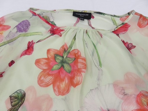 WAREHOUSE SILK PISTACHIO GREEN & CORAL FLOWERS SILK CHIFFON SUMMER TOP UK 10 12 - Bild 6 von 15