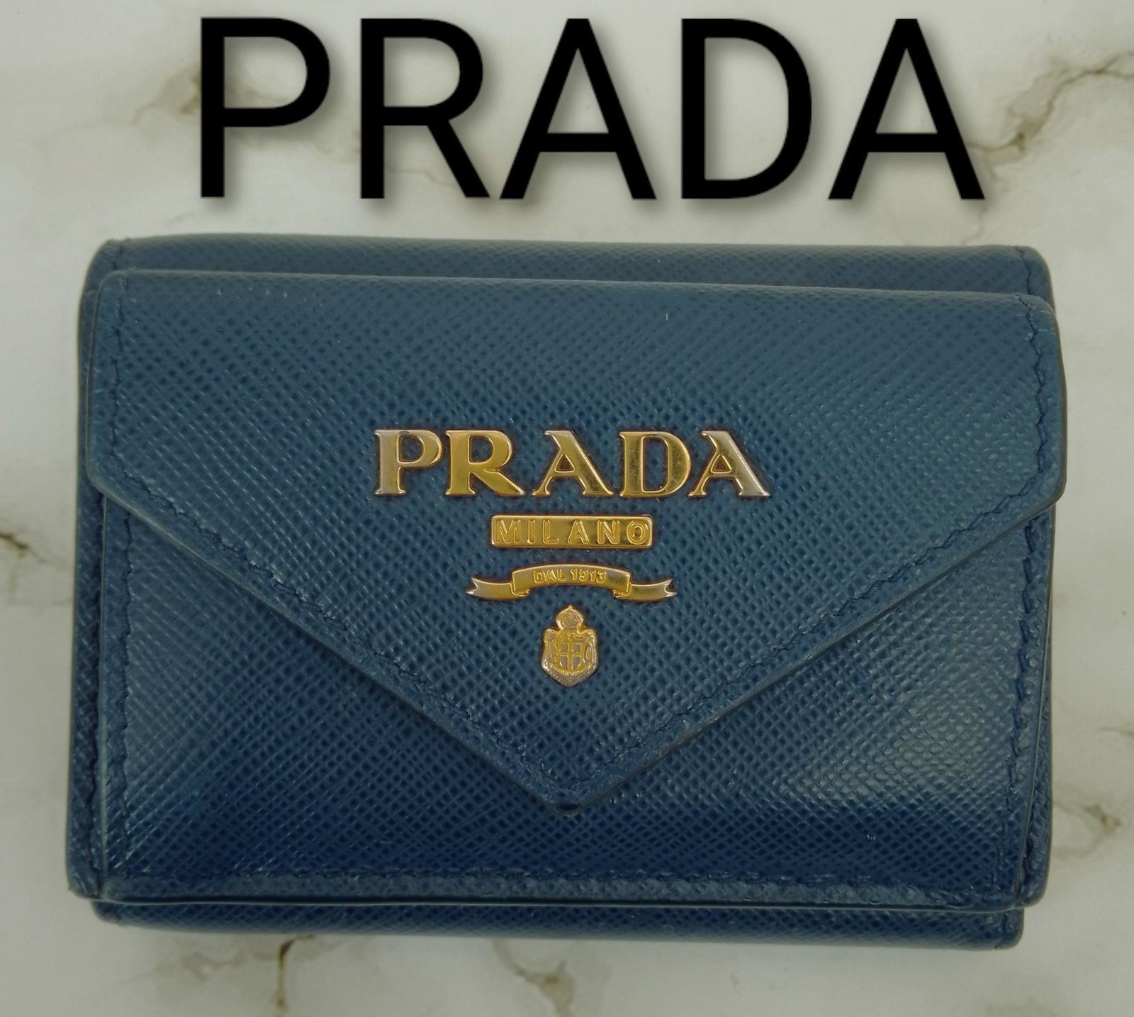 PRADA Saffiano Metal Compact Tri-fold Wallet Navy Blue Gold Hardware Leather Aut thumbnail 18