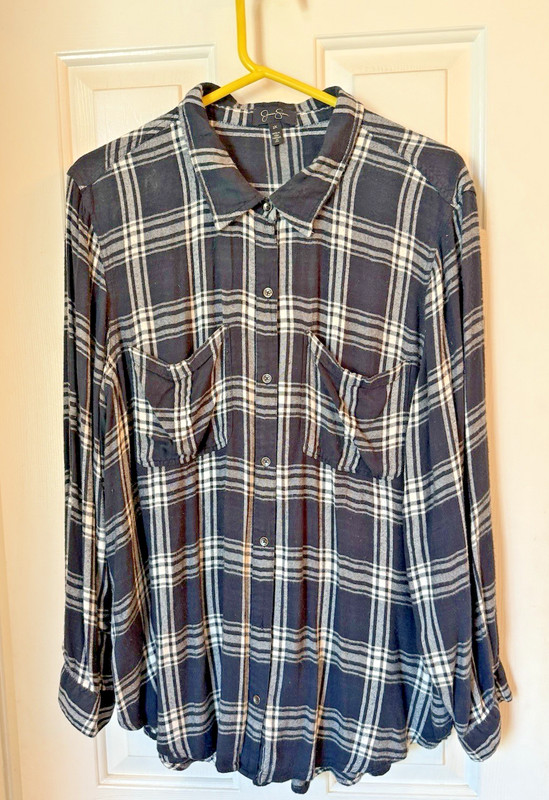 Jessica Simpson Plaid Button Down Shirt Size 2X blk/white Casual Preppy Hipster
