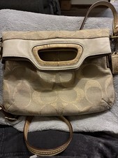 Coach Beige Brown Logo Shoulder Bag Adjustable Strap Gold Hardware