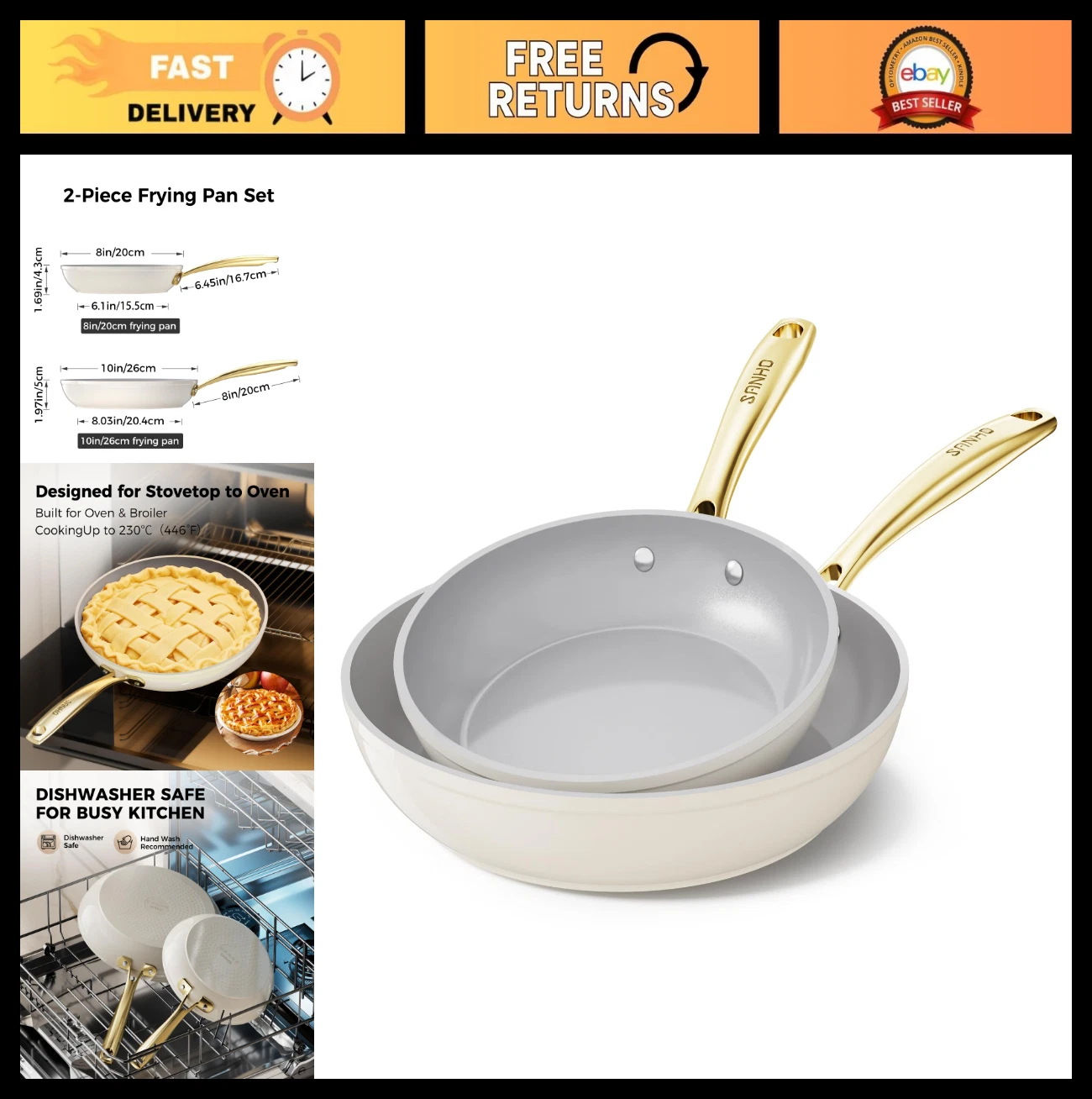 Nonstick Frying Pan Set 2-Piece (8 & 10 Inch) - Diamond-Titanium Coating, PFAS F