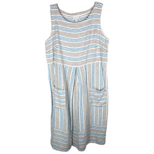J Jill Small Dress Love Linen Stripe Blue White Sleeveless Knee Length Pocket733
