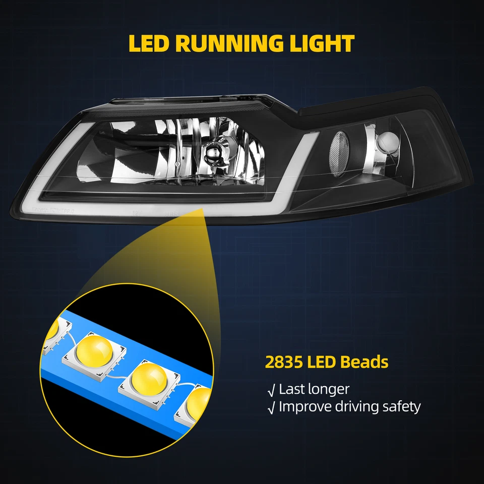 For 99-04 Ford Mustang GT SVT Cobra LED DRL Black Headlights Headamps Pair Set - Image 3 of 4