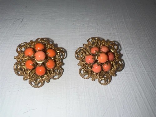 Vintage Miriam Haskell Faux Coral Gold Plated Floral Earrings Set