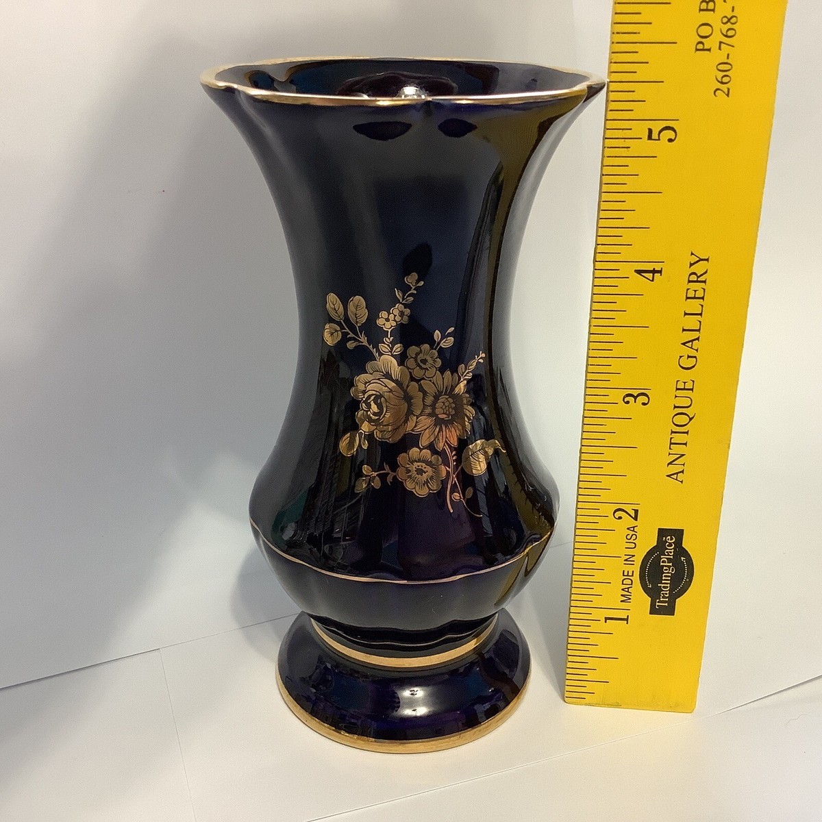 Vtg Cobalt Blue Porcelain Vase Gold Leaf Flowers, Made in Chile 