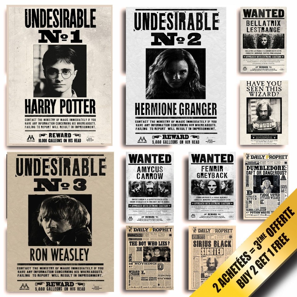 Harry Potter Wanted Poster Set Hermione Ron Weasley Dumbledore Bellatrix A4/A3