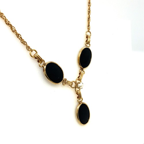 Vintage signierte 12k Gold gefüllt Art Deco schwarzer Onyx Gliederkette Lariat Halskette 16 - Bild 2 von 8