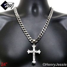 24"30"36"Stainless Steel 11mm Silver Cuban Curb Necklace JESUS Cross Pendant J28