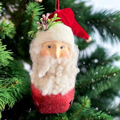 Santa Head Christmas Ornament Old World Ceramic Face Fuzzy  Beard Bell Hat 6 