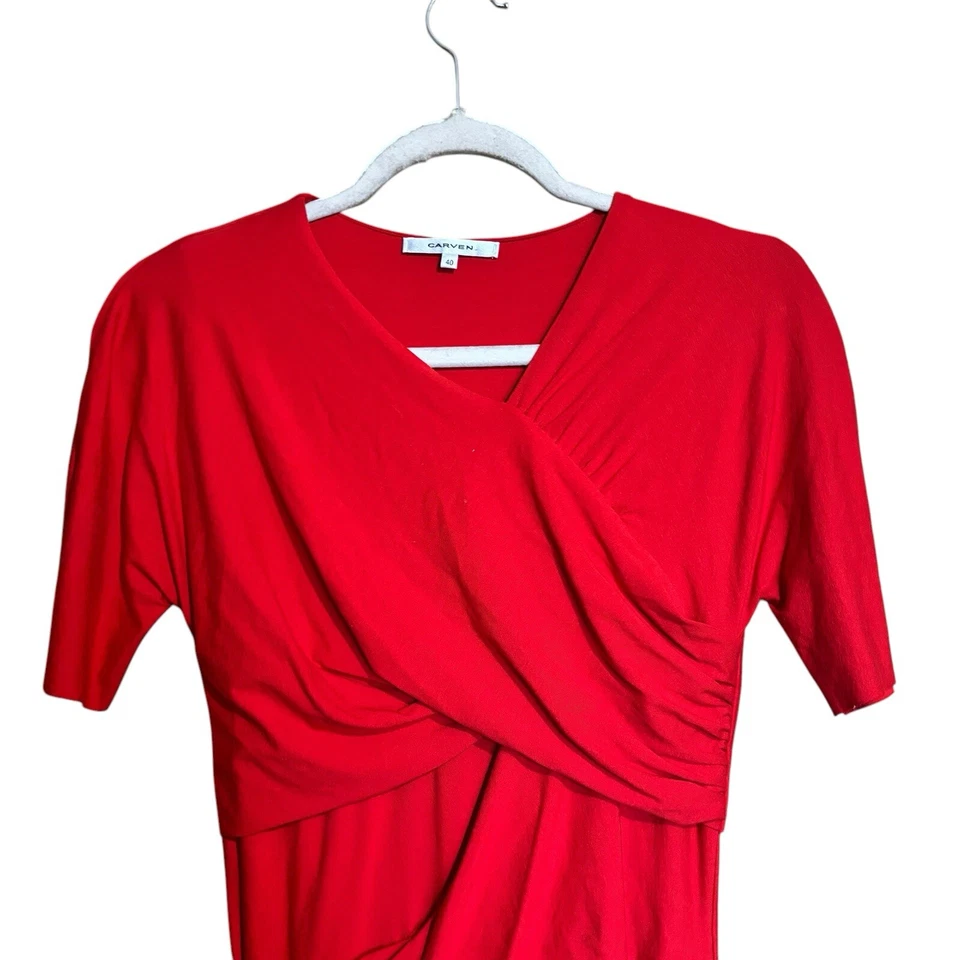 Carven Cocktail Dress Womens 40 Red Shirred Ruched Mini Short Sleeve Stretch - Image 2 of 4