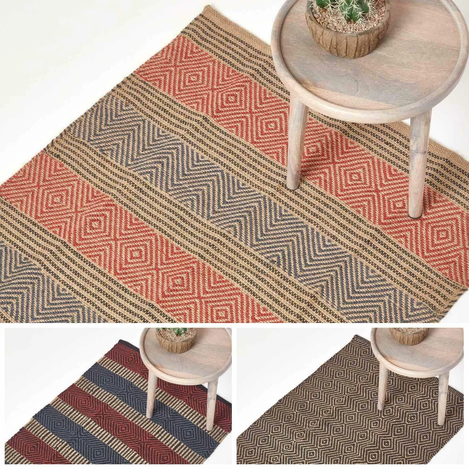 Geometric Jute Rug, Multicolour Striped, Black, Red, Blue