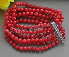 Charming 6 Rows 6mm Natural Red Pink Coral Round Gemstone Beads Bracelets 7.5''